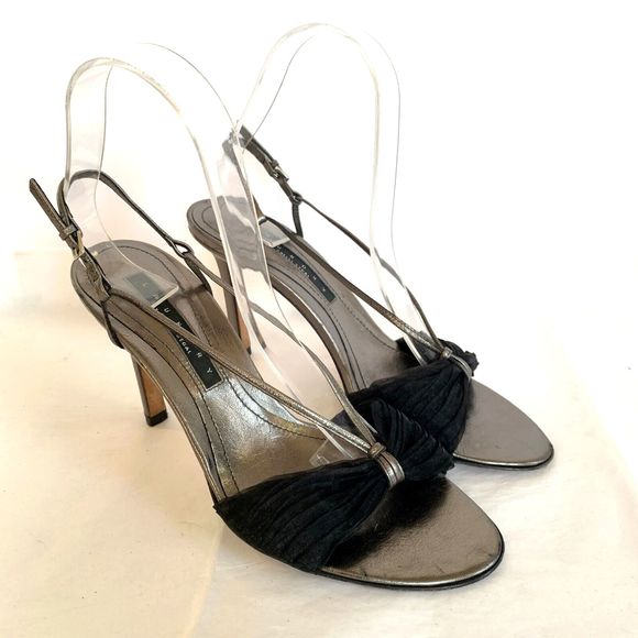 Laundry Shelli Segal Gunmetal Silver Black Crepe Evening Heels Slingback Sz 7.5